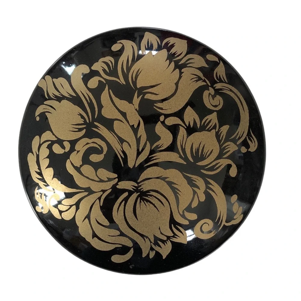Vintage Ceramic Round Black Floral Jewelry Trinket Box & Lid